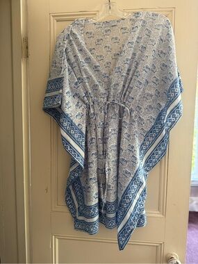 Blue Printed V-Neck Tunic Top with Drawstring Waist